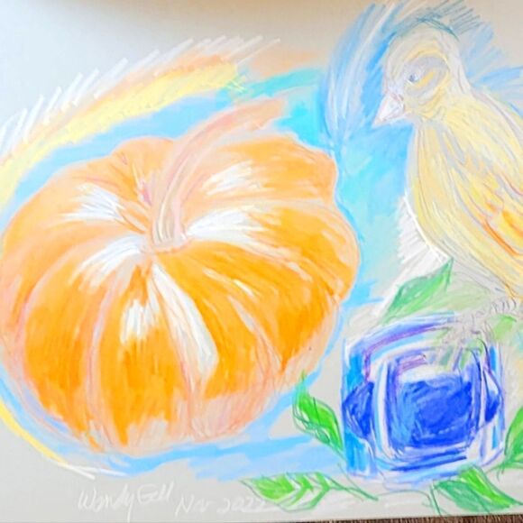 Wendy Gell Art, Drawing of my Perfect pumpkin, Lapis cuff and Singing Canary.